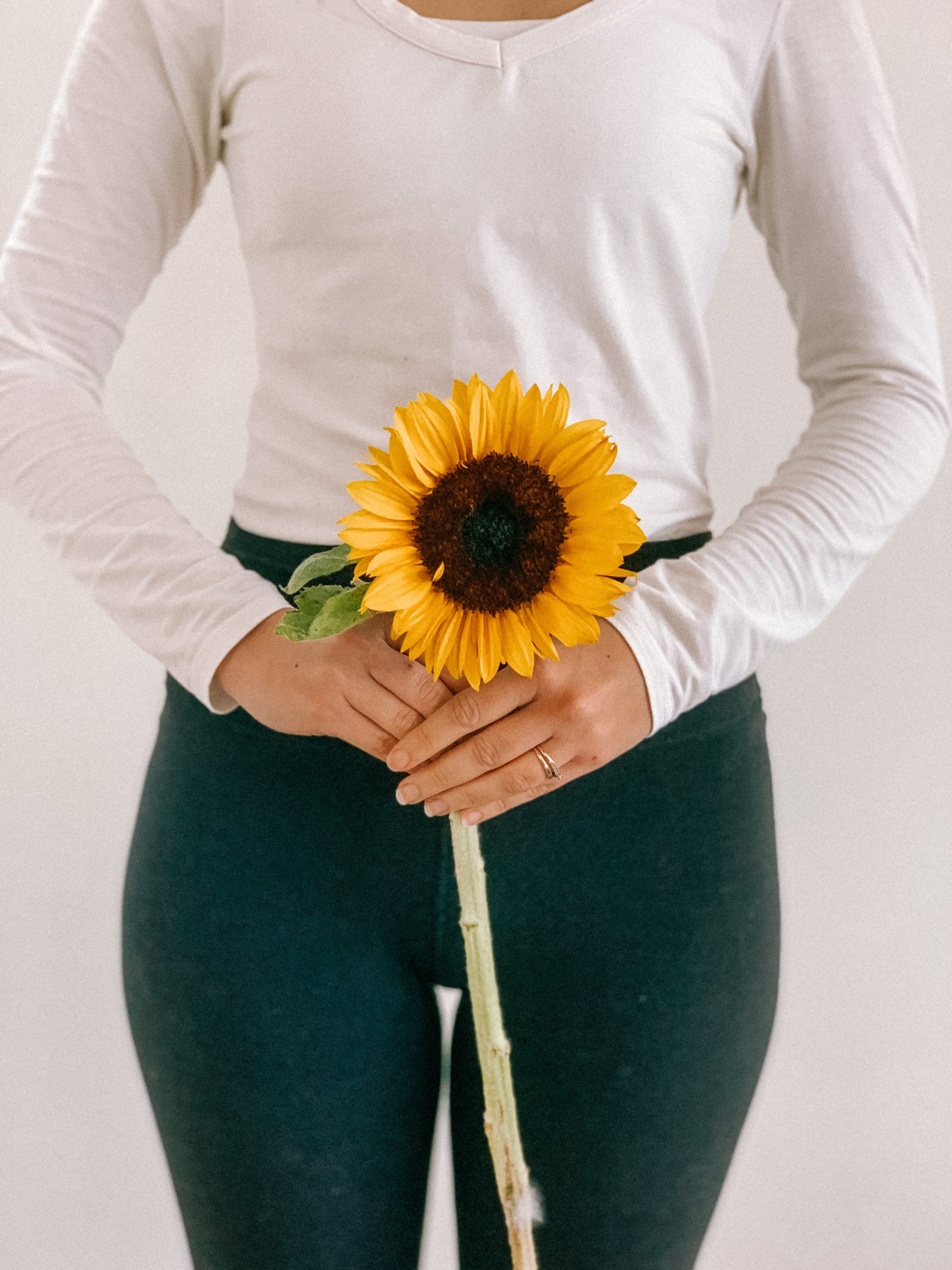 holding sunflower infront of pelvis